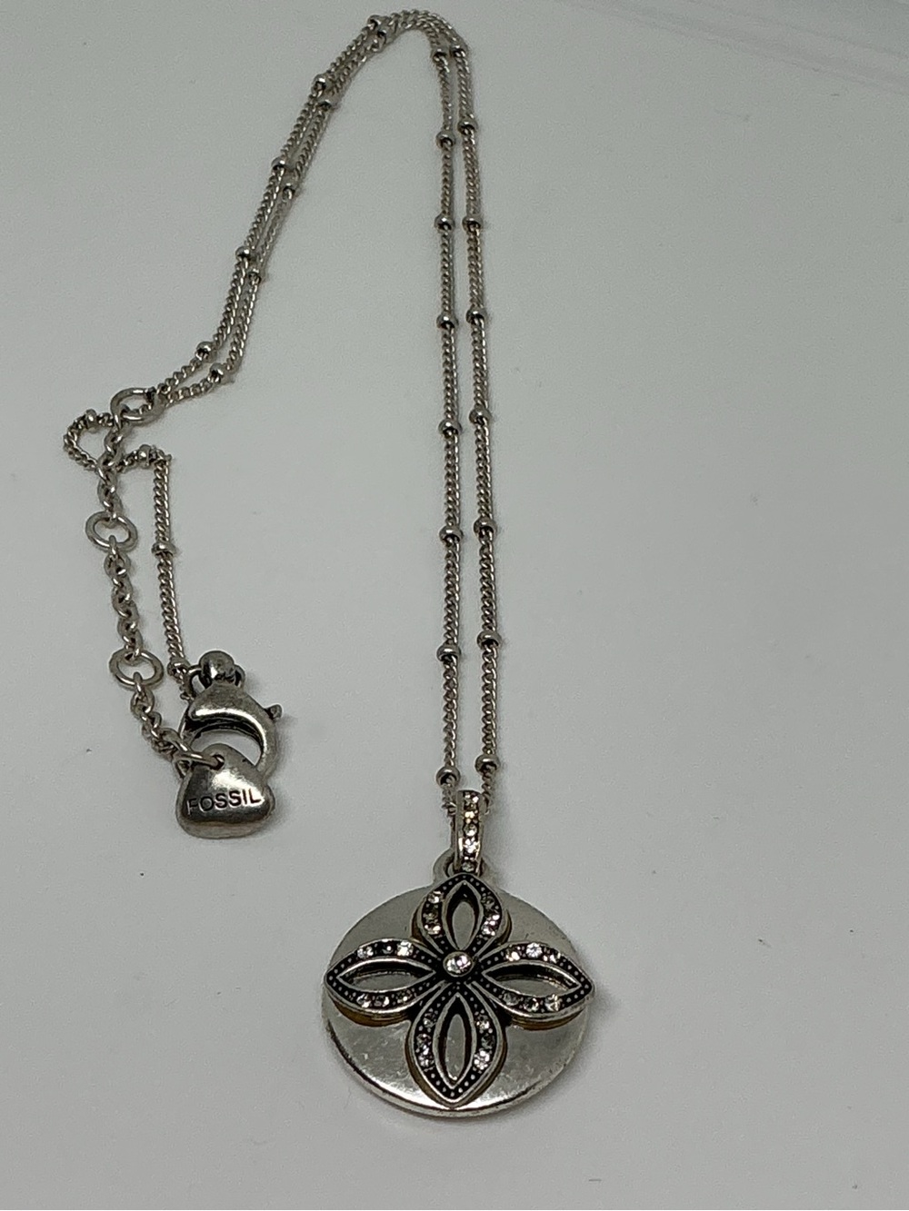 Fossil Silver Tone Beaded Chain Necklace with Floral Circular Pendant